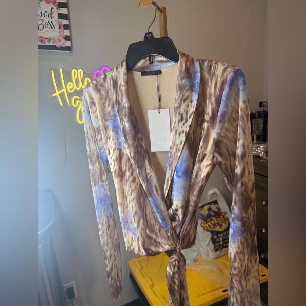 Zara Brown Animal Print Wrap around Blouse with Blue Floral Details - Picture 9 of 16